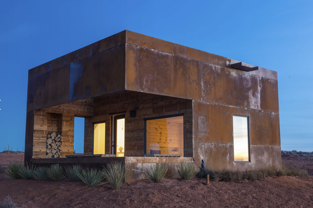 red rusted patinaed metal cabin