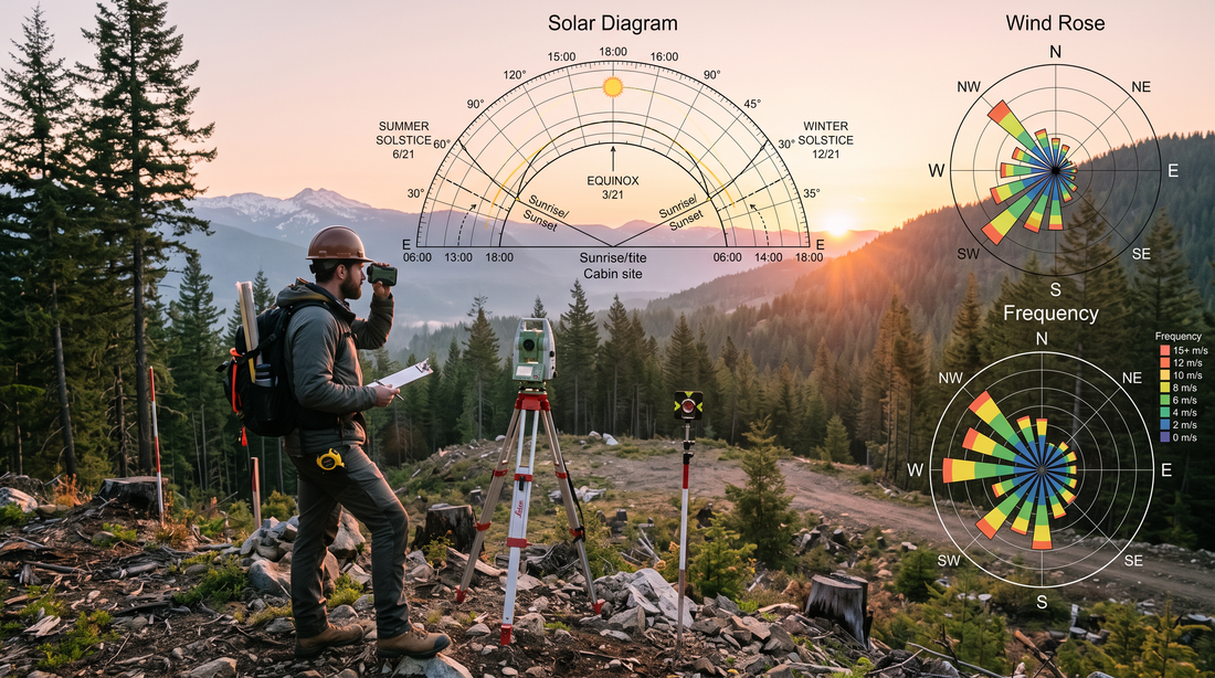 architect site analysis with solar and wind diagrams