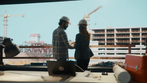 Architect reviewing construction drawing with owner
