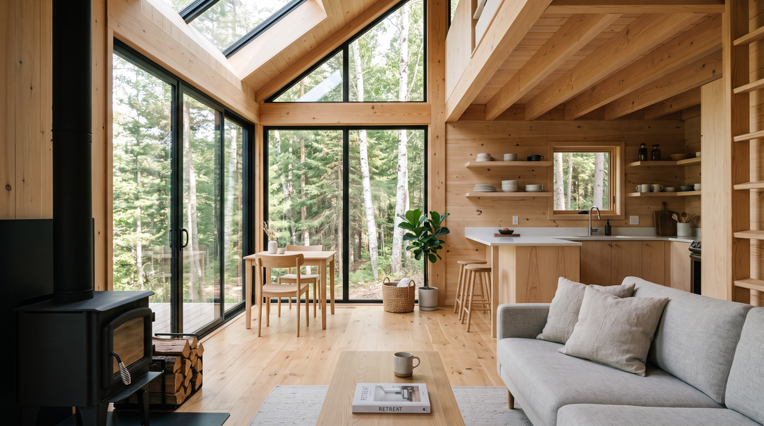 minimalist cabin interior light wood open living